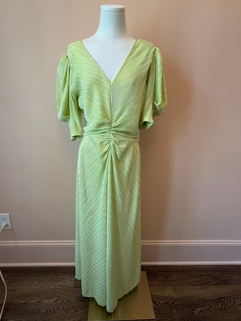 ROTATE Birger Christensen Lime Green Metallic Pleated Maxi Dress Size 8